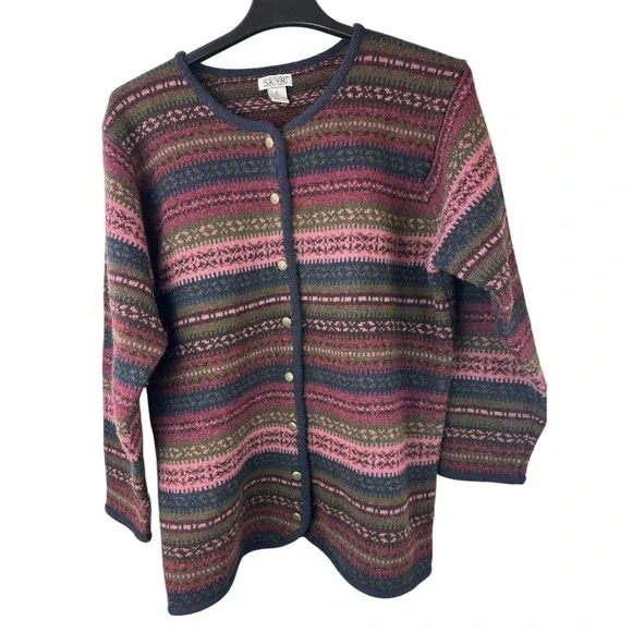 SKYR Vintage 100% Wool Cardigan Sweater Aztec Nordic Fair Isle Long Button Up XL - Picture 8 of 12